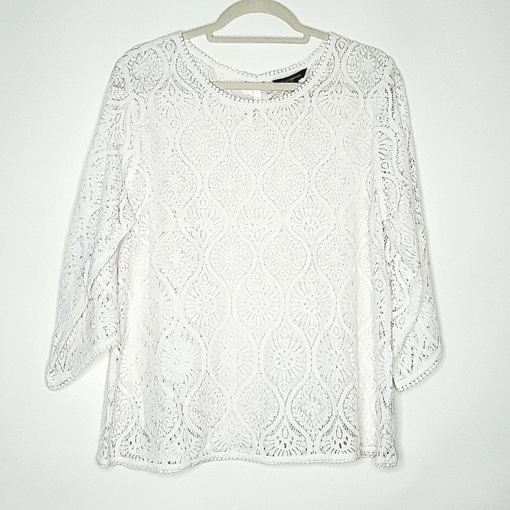 Banana Republic Sheer Floral Lace Top L Embroidered White Shirt Coastal Feminine